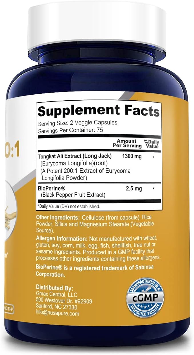 NusaPure Longjack Tongkat Ali 260,000mg 150 Veggie Caps (Non-GMO, Gluten Free) Bioperine