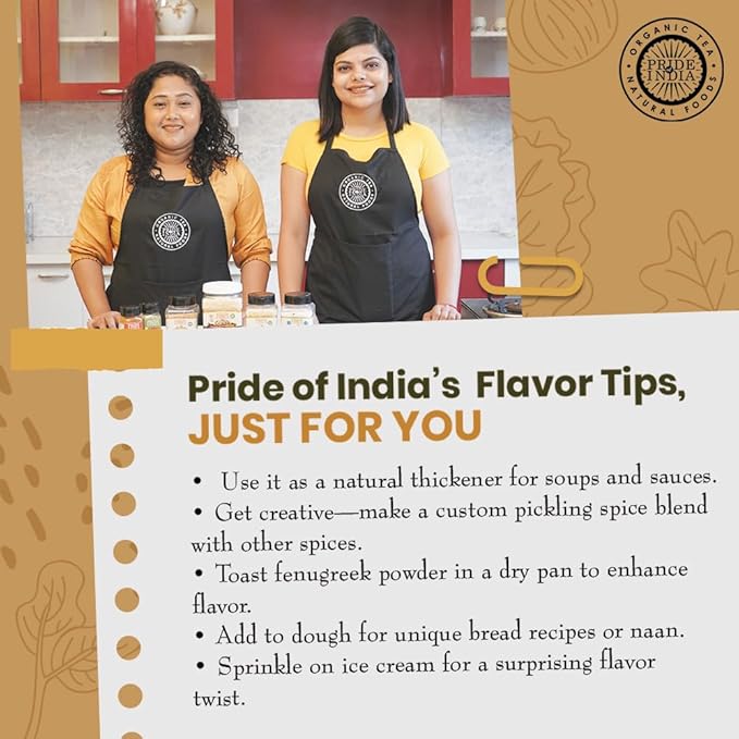Pride of India - PACK of 6 - Fenugreek Seed Ground – Gourmet Indian Spice – Vegan, Gluten & GMO-Free – Ideal for Cooking & Meat Seasoning – Easy to Use – 7 oz. Medium Dual Sifter Jar
