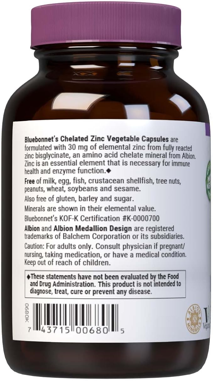 Bluebonnet Nutrition Albion Chelated Zinc, For Immune Health & Enzyme Function*, Soy-Free, Gluten-Free, Non-GMO, Kosher Certified, Dairy-Free, Vegan, 90 Vegetable Capsules, 90 Servings