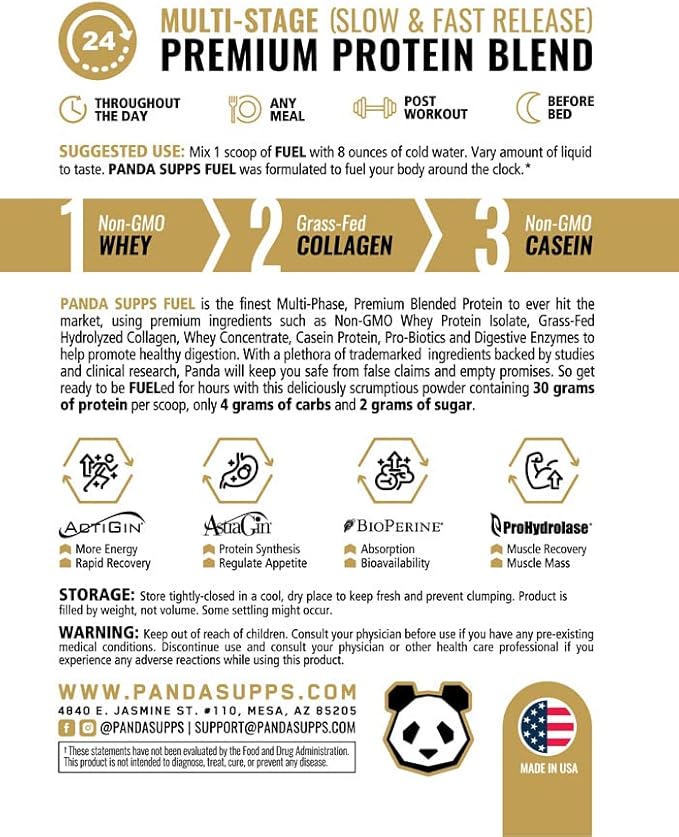 Panda Fuel Premium Protein Non-GMO Whey,Hydrolyzed Collagen,Casein,Probiotics,Digestive Enzymes, Keto Friendly,Time Release, 25 Servings (Cookies & Cream) (with inclusions)