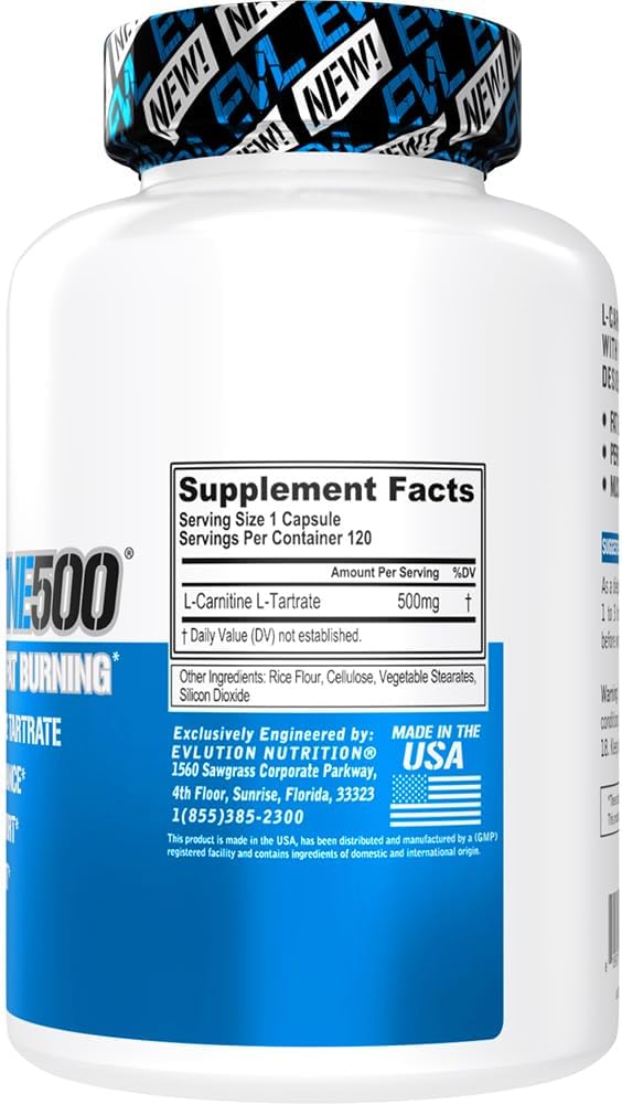 Evlution EVL L-Carnitine Supplement for Weight Loss Support - L carnitine 500mg Diet Pills for Weight Loss Lean Muscle Growth and Fat Burning Support with Stimulant Free L Tartrate - 120 Servings