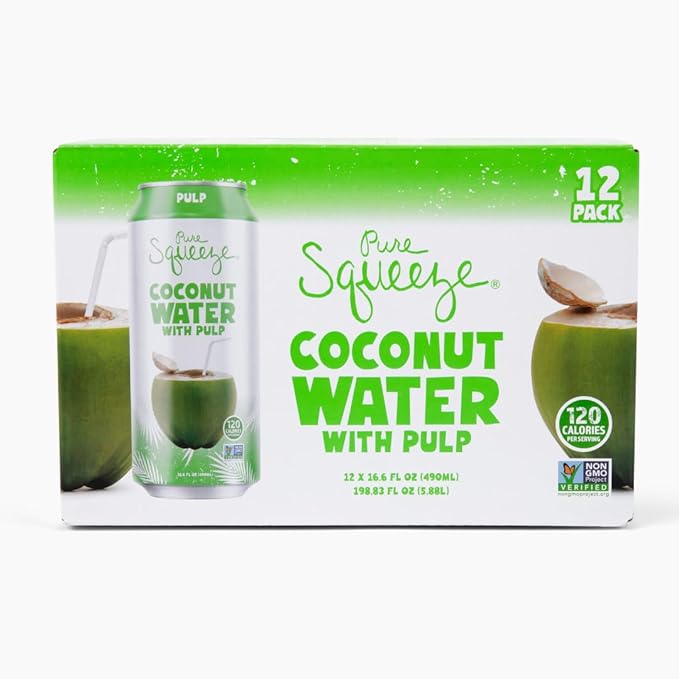 Pure Squeeze Coconut Water with Pulp (490mL - 12pk) Essential Electrolytes, Non-GMO, Plant-Based Hydration (Coconut Water with Pulp)