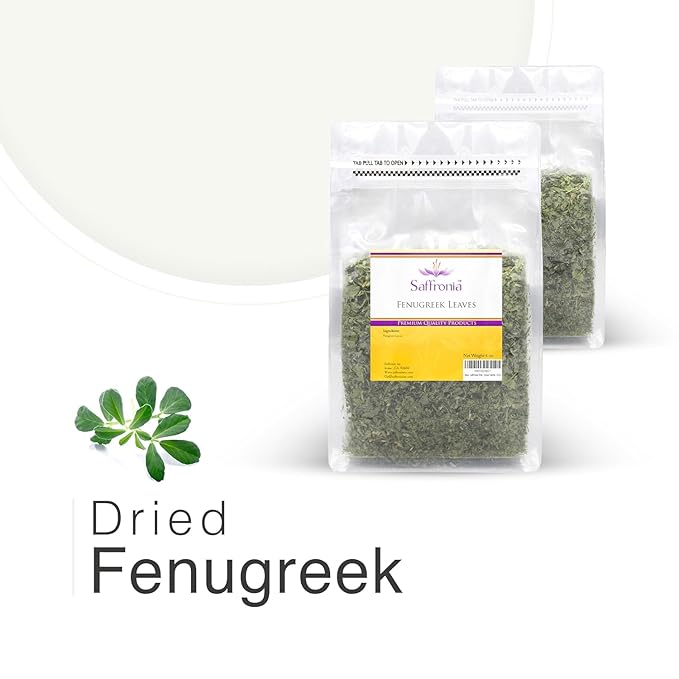 Saffronia Dried Fenugreek Leaves, Vegan Friendly Kasoori Methi, Carefully Packaged In Resealable Bag, Ideal for Mexican, Indian, Mediterranean and Asian Cuisine - 6 Oz (170 g)