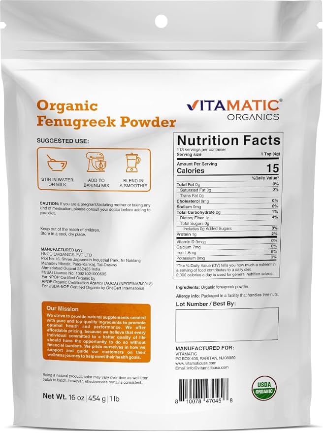 Vitamatic Certified USDA Organic Fenugreek 1 Pound (16 Ounce) (Seeds)