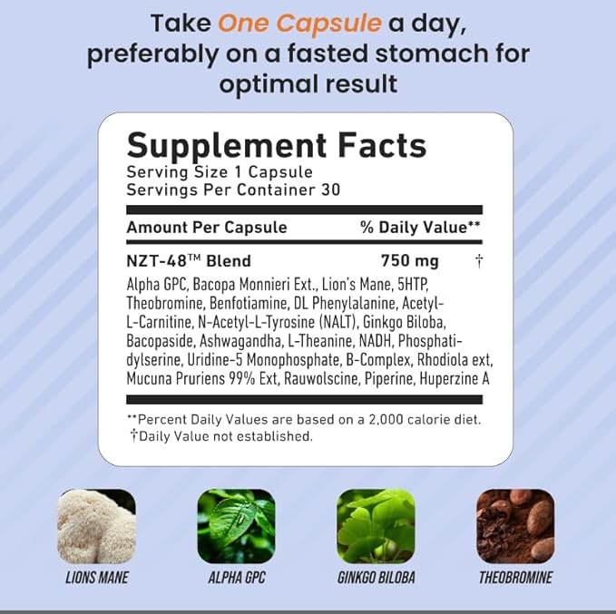 NZT-48 Premium Brain Booster - Lions Mane Supplement Capsules - Nootropic Brain Supplements for Memory and Focus - Brain Pills - Natural Energy - Caffeine Free, Phosphatidylserine, 30 Servings