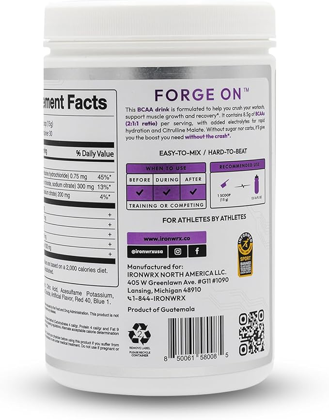 BCAA Powder | Grape Flavor | 30 SERVINGS | Zero Sugar | 2:1:1 Leucine, Valine, and Isoleucine Ratio with Citrulline Malate and L-Glutamine | Muscle Growth, Recovery, and Soreness Support