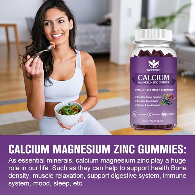 Calcium Magnesium Zinc Gummies with Vitamin D3 - High Absorption Complex Calcium Supplement with Sea Moss, Elderberry for Bone, Muscles, Immune, Mood & Sleep Support, Vegan - 60 Gummies
