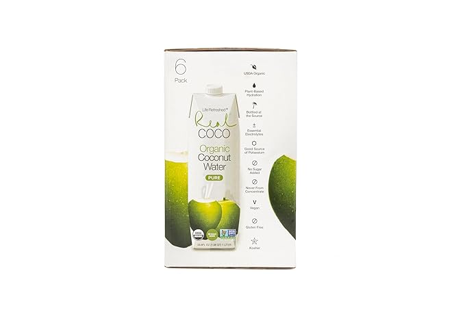 Real Coco Organic Pure Coconut Water (6-Pack 1L), USDA Organic, No Added Sugar, Plant Based, Packed with Electrolytes, Vegan