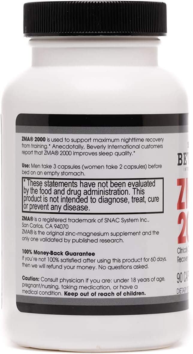 Beverly International ZMA 2000, 90 Capsules. BI’s Formulation is Designed to Improve Muscle Strength, Endurance, Immune System Support and Recovery Post Training. Zinc Magnesium Aspartate + Vitamin B6