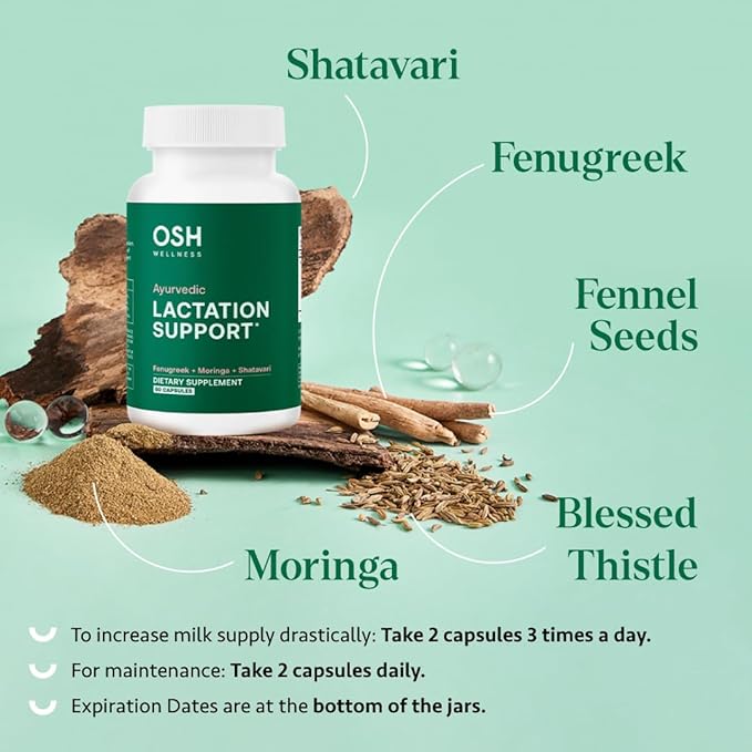 Ayurvedic Lactation Supplement with Moringa, Fenugreek, Fennel Seeds & More | Made in USA | 100% Organic | Lactation Support | Breastfeeding Supplements | 60 Capsules - OSH Wellness