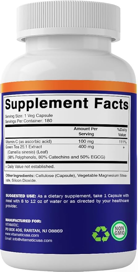 Vitamatic Green Tea Extract with Vitamin C, 25X Concentrate, 98% Polyphenols, 80% Catechins, 50% EGCG, 180 Veg Capsules
