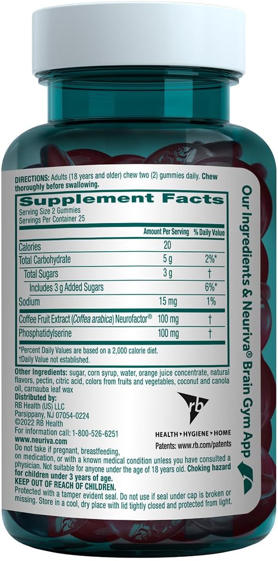 NEURIVA Original Brain Supplement for Memory, Focus & Concentration + Learning & Accuracy with Clinically Tested Nootropics Phosphatidylserine and Neurofactor, Strawberry Flavor, 50 Gummies (2 Pack)