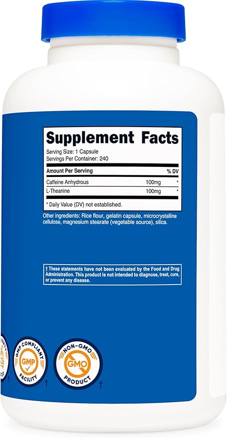 Nutricost Caffeine with L-Theanine, 100mg of Each, 240 Capsules, 240 Servings - Non-GMO and Gluten Free