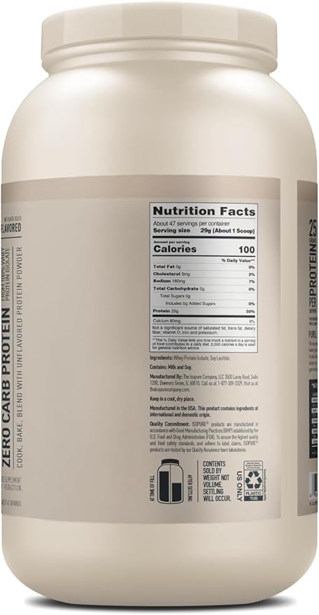 Isopure Zero Carb 100% Pure Whey Isolate Protein Powder, Lactose Free, Gluten Free, With Vitamins, Unflavored, 25g Protein Per Serving, 3 Lbs, 47 Servings