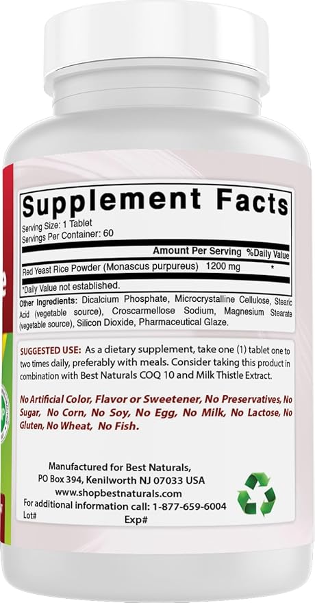 Best Naturals Red Yeast Rice 1200 Mg Tablet for Healthy Cholesterol Level, 60 Count (Pack of 6)
