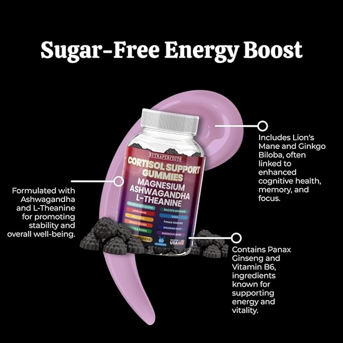 Sugar Free Gummies with GABA, L-Theanine, Lion’s Mane, Ashwagandha, Phosphatidylserine, Vitamin D3, B6, Panax Ginseng, Ginkgo Biloba for Men, Women Adrenal, Cortisol, Brain, Cognitive, Energy