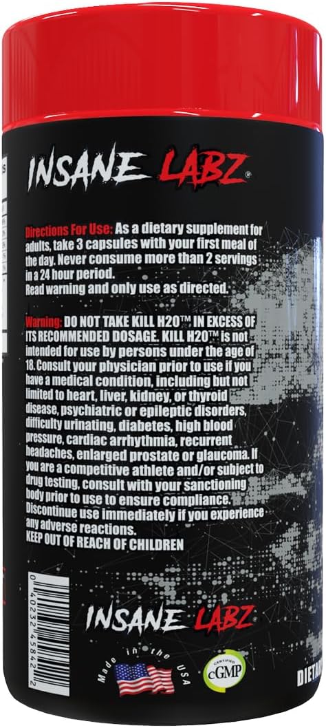 Insane Labz Kill H2O, AMPiberry Infused Diuretic, Reduce Water Retention and Bloating Relief with Dandelion Root and Green Tea Extract, 20 Servings
