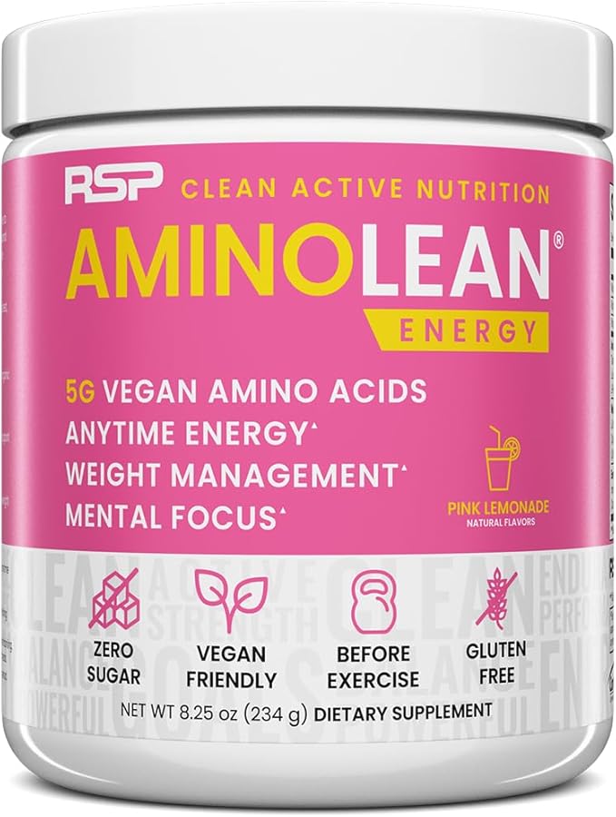 RSP NUTRITION AminoLean Pre Workout Powder, Amino Energy & Weight Management with Vegan BCAA Amino Acids, Natural Caffeine, Preworkout Boost for Men & Women, 30 Serv, Pink Lemonade…