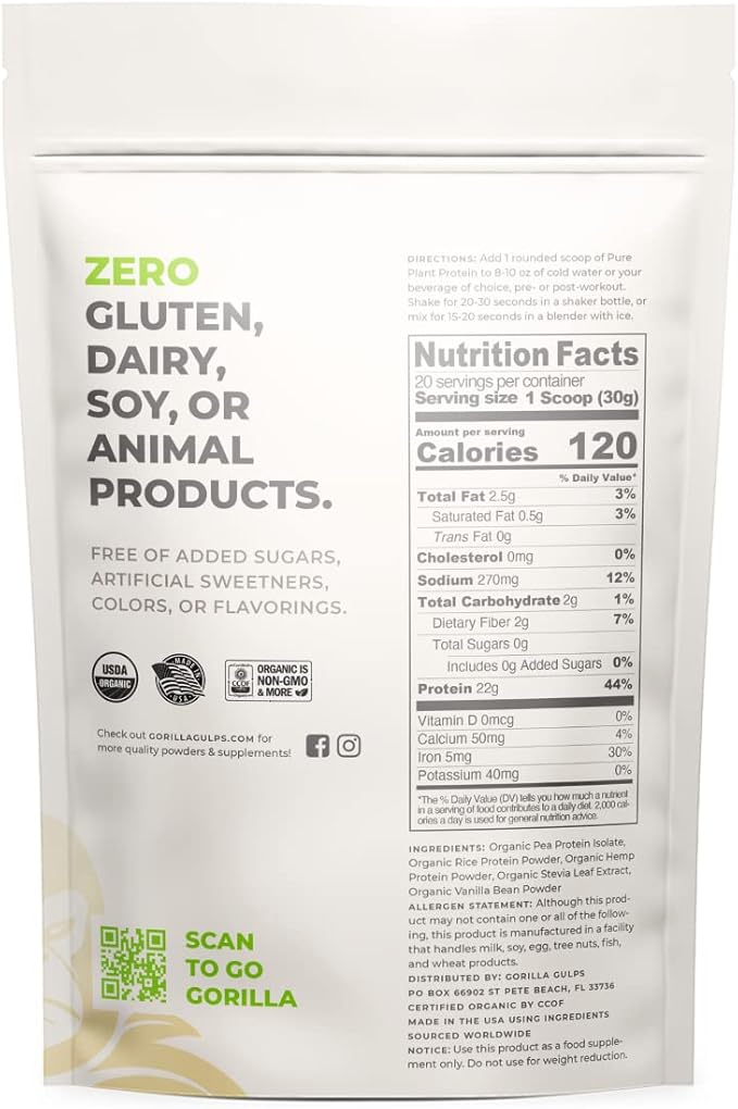 100% Organic Pure Plant Protein Powder | USDA Certified | Organic Protein Powder | Vegan | Non-GMO | Sugar, Soy, Dairy, & Gluten Free | 20 Servings - Vanilla Bean