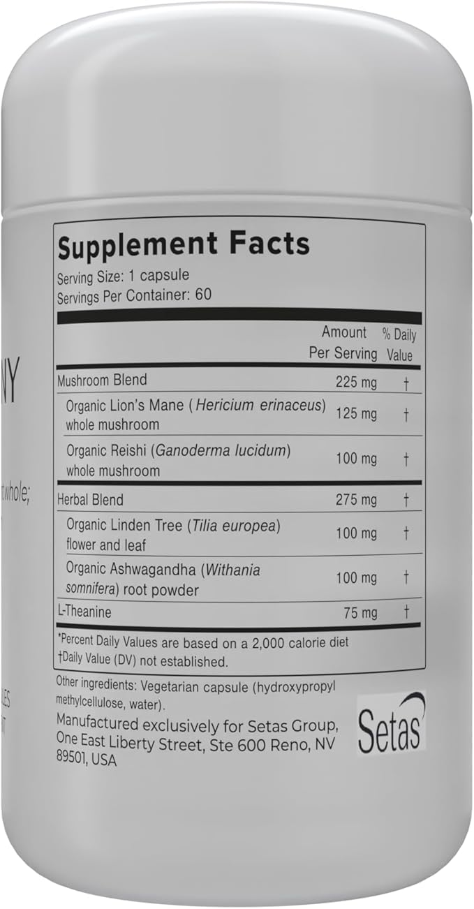 HARMONY Mushroom & Botanical Supplement by Setas – Organic Reishi & Lion’s Mane, Ashwagandha, Linden Tree & L-theanine to Support Mood, Stress Management, & Calm, Vegan & Non-GMO, 60-Day Supply