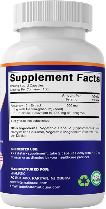 Vitamatic Fenugreek Capsules Extra Strength 3000 mg Equivalent Per Serving (from 10:1 Extract 300 mg) - Trigonella Foenum-Graecum - Methi Seeds Powder Pills - 320 Vegetarian Capsules