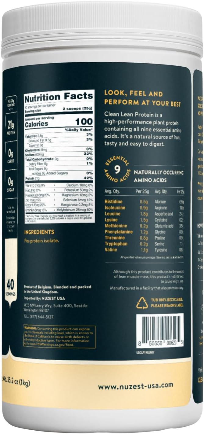 Nuzest - Pea Protein Powder - Clean Lean Protein, Premium Vegan Plant Based Protein Powder, Dairy Free, Gluten Free, GMO Free, Protein Shake, Just Natural (UNFLAVORED), 40 Servings, 2.2 lb