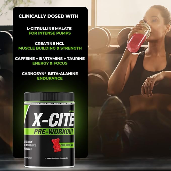 X-CITE Pre-Workout by ATHLEAN-X - Enhanced Formula with Beta-Alanine, Creatine & Caffeine for Ultimate Energy, Endurance, Focus & Muscle Pump, NSF Certified (22 Servings, Sour Gummy Bear)