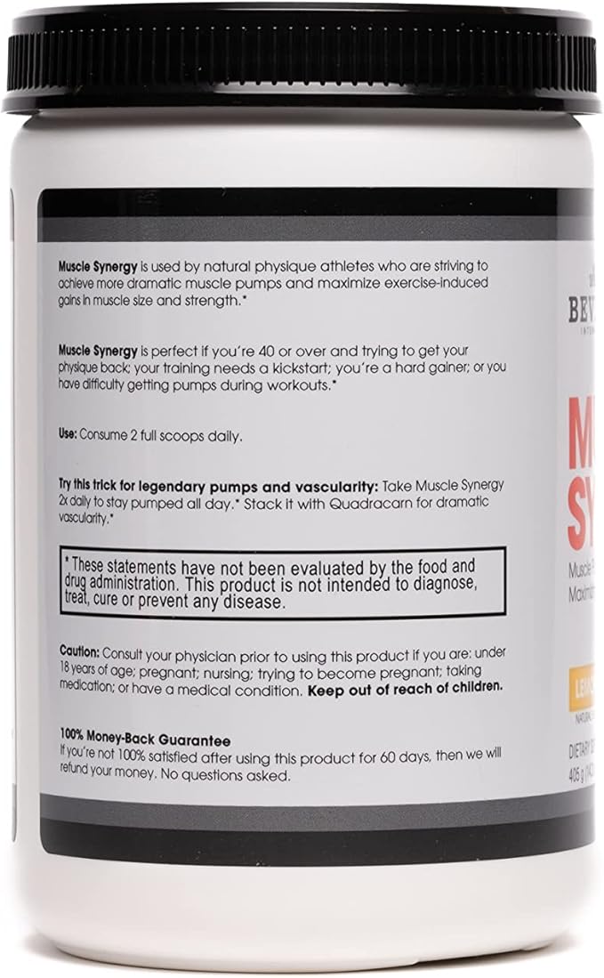 Beverly International Muscle Synergy 405g (Lemon Powder 14.3 oz) Dramatic Muscle Pump, Size & Strength Maximizing Drink Mix w/HMB. L-Arginine, L-Citrulline, Creatine Monohydrate, L-Ornithine