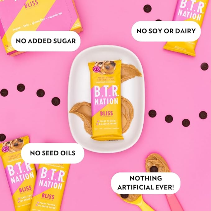 B.T.R. Nation Vegan Keto Superfood Protein Bars - Peanut Butter Chocolate Chip BLISS | (12) Bars | Low Carb, Plant Based, Gluten Free, Free of Sugar Alcohols & Boosted with Powerful Superfoods!