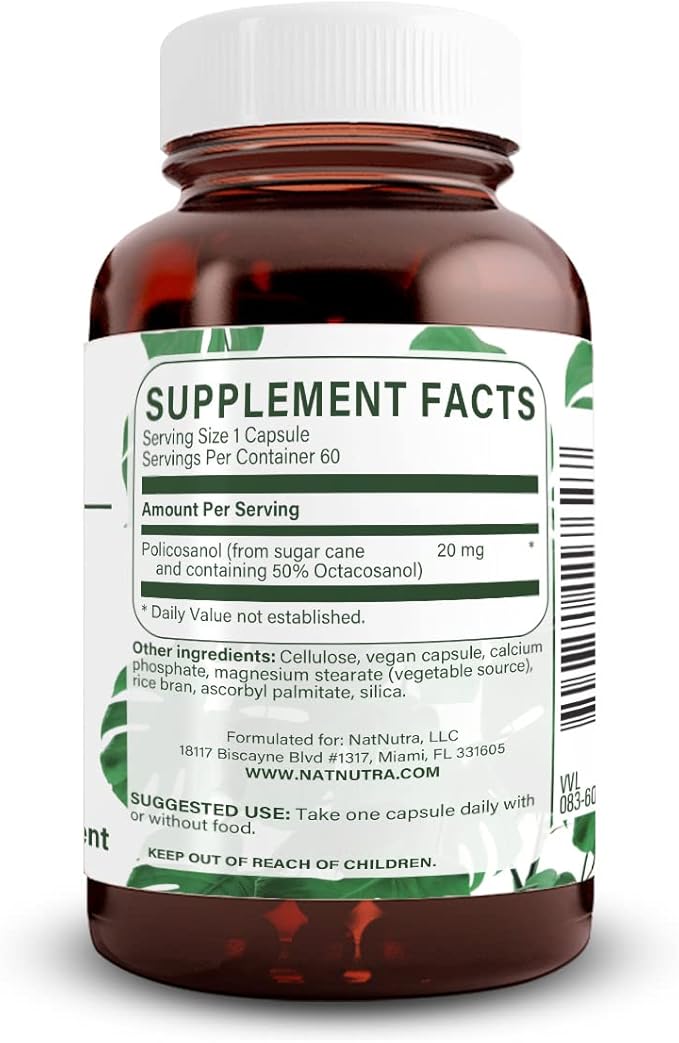 Natural Nutra Policosanol 20mg with Octacosanol, Supplement to Promotes Fluid Circulations, Improve Blood Circulation, Supports Maintain Fat Level, Improves Cardiovascular Health, 60 Vegan Capsules