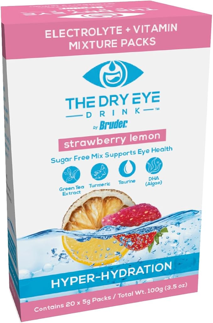 l Ultimate Hydration for Dry Eyes l Sugar-Free Electrolyte Powder Packets l Blended with Vitamins, Green Tea, Turmeric, Taurine, and DHA l 5g x 20 Packets (Strawberry Lemon)