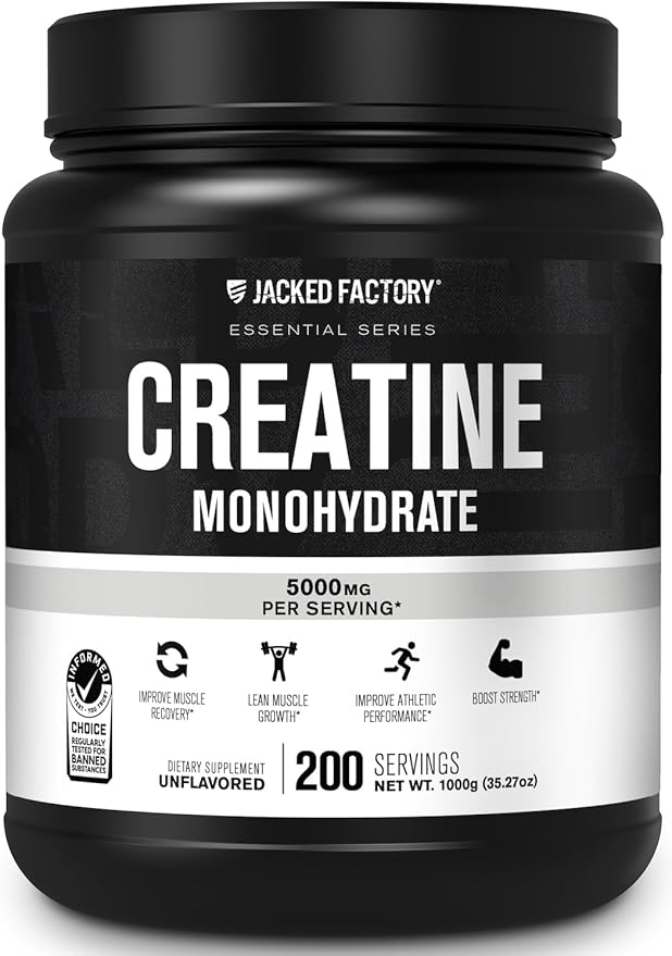 Jacked Factory Creatine Monohydrate Powder 1000g - Creatine Supplement for Muscle Growth, Increased Strength, Enhanced Energy Output and Improved Athletic Performance 200 Servings, Unflavored