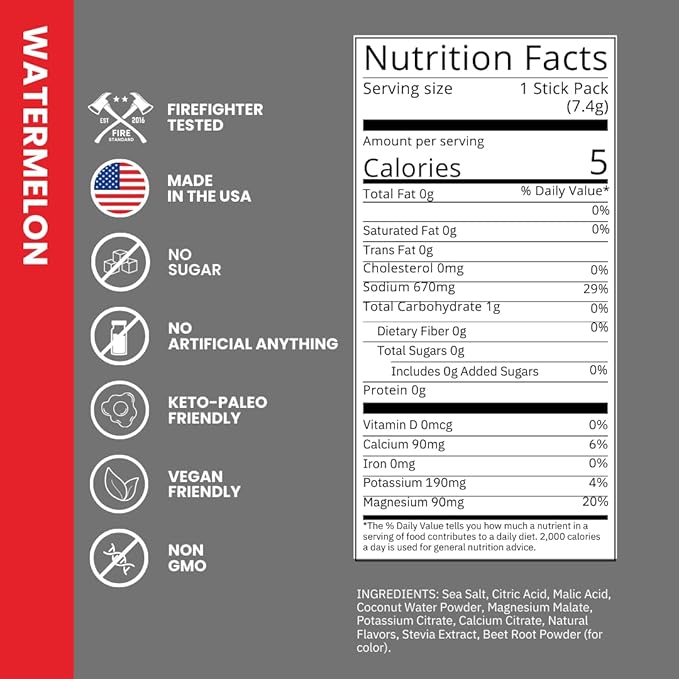Fire Science Fire Salt Hydration Sticks, Electrolytes & Coconut Water, Hydration Drink Mix with Magnesium, Potassium & Sodium, Zero Sugar, Single Serve On The Go Packs, Watermelon Flavor, 32 Count