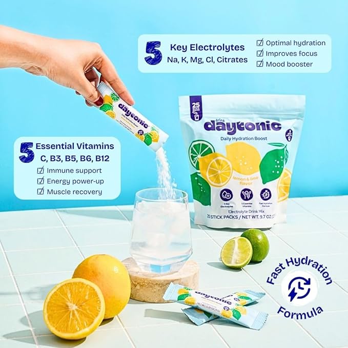 Hydration Powder Electrolytes, 25 Servings | Vitamins C, B12 & B6, Niacin, 480mg Sodium & More | Low Calorie & Aspartame-Free Electrolyte Drink Mix | Lemon Lime IV Hydration Packets