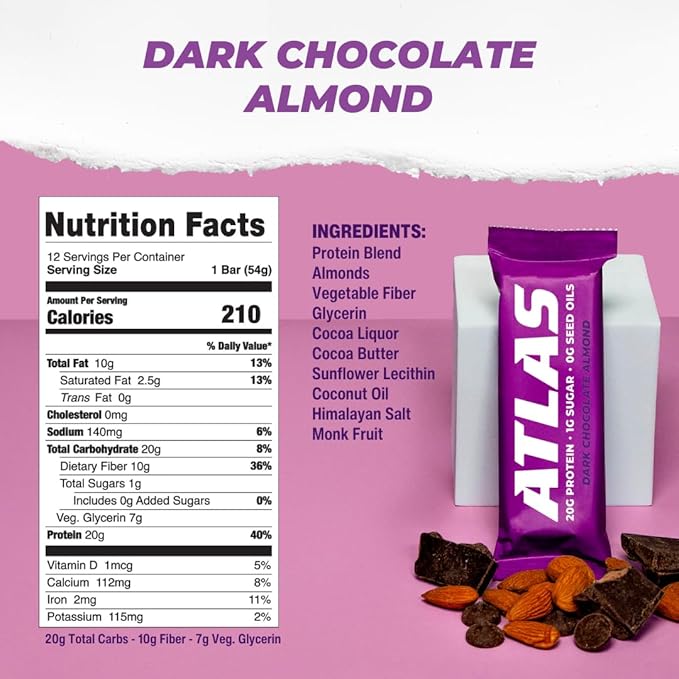 Atlas Protein Bar, 20g Protein, 1g Sugar, Clean Ingredients, Gluten Free (Dark Chocolate Almond, 12 Count (Pack of 1))