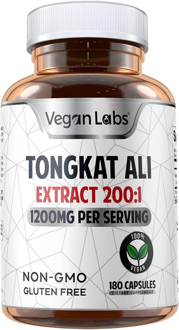 Vegan Labs Tongkat Ali 200:1 Extract, 1200MG Per Servings- 180 Vegan Capsules- Supports Energy and Stamina- Gluten Free, Non-GMO Premium Quality Supplement