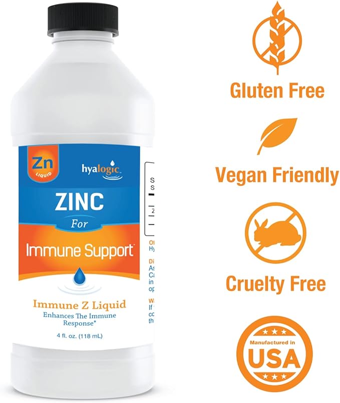 Hyalogic Liquid Zinc Supplement for Immune Support (4 Oz) - Daily Mineral Support Enhanced w/Hyaluronic Acid for Hydration – Immune Zinc Liquid for Men and Women – Gluten Free, Cruelty Free