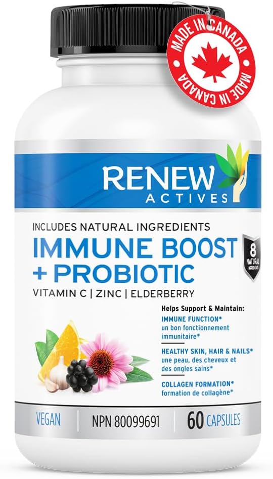 RENEW ACTIVES Antioxidant – Elderberry, Probiotics, Zinc, Vitamin C & Organic Turmeric 700MG per 2 Capsules – For Immune Function, Collagen Formation, & Overall Wellness – Made in Canada - 60 Capsules
