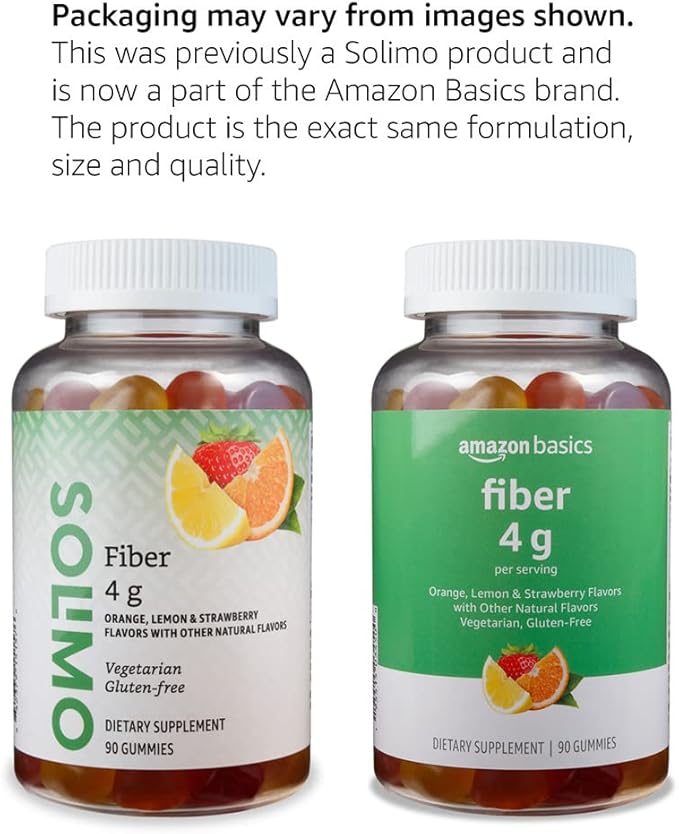 Amazon Basics (previously Solimo) Fiber 4g Gummy - Digestive Health, Supports Regularity, Orange, Lemon & Strawberry, 90 Gummies (2 per Serving)