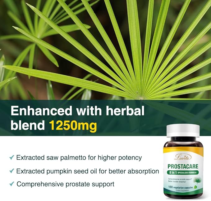 Lovita Prostate Health, 8 in 1 Exclusive Prostate Supplements for Men with Saw Palmetto 500mg, Stinging Nettle, Lycopene for Normal Urination Frequency, 180 Veggie Capsules (Pack of 3)