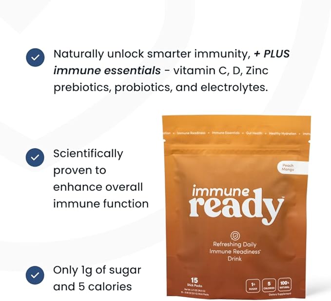Immune Ready™ Immune Boost Drink Mix - All-in-One Immune Support, Gut Health, and Electrolyte Powder Packets with Vitamin C, Beta Glucan, Zinc, Elderberry, D3, Pre & Probiotics - Peach-Mango - 15 Pack