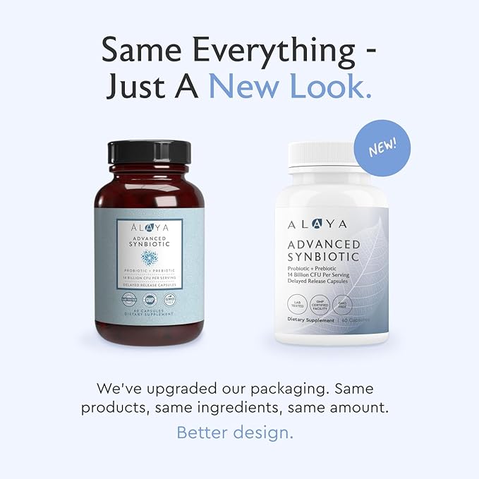 Alaya Naturals Advanced Synbiotic - Probiotic + Prebiotic - 14 Billion CFU Delayed Release Probiotic Supplement with Prebiotics from Sunfiber®, and L-glutamine for Gut Lining Integrity - 60 Capsules