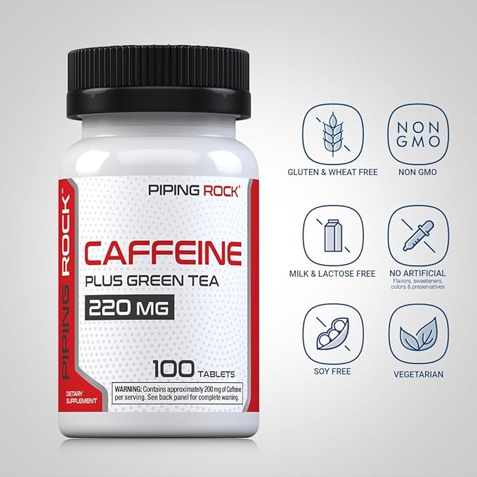 Piping Rock Caffeine Pills 200mg | 100 Tablets | with Green Tea Extract | Non-GMO, Gluten Free Supplement