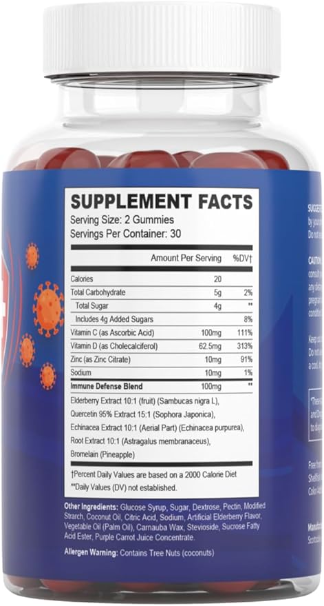 8 in 1 Immune Defense Booster Supplement Gummies with Astragalus Root, Vitamin C and Zinc, Vitamin D3, Elderberry and Quercetin (2 Pack)