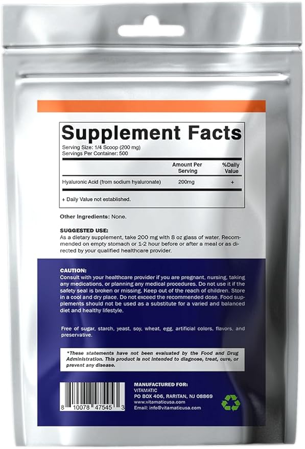 Vitamatic Hyaluronic Acid Powder 200mg - Supports Healthy Connective Tissue and Joints - Promote Youthful Healthy Skin - 100 Gram