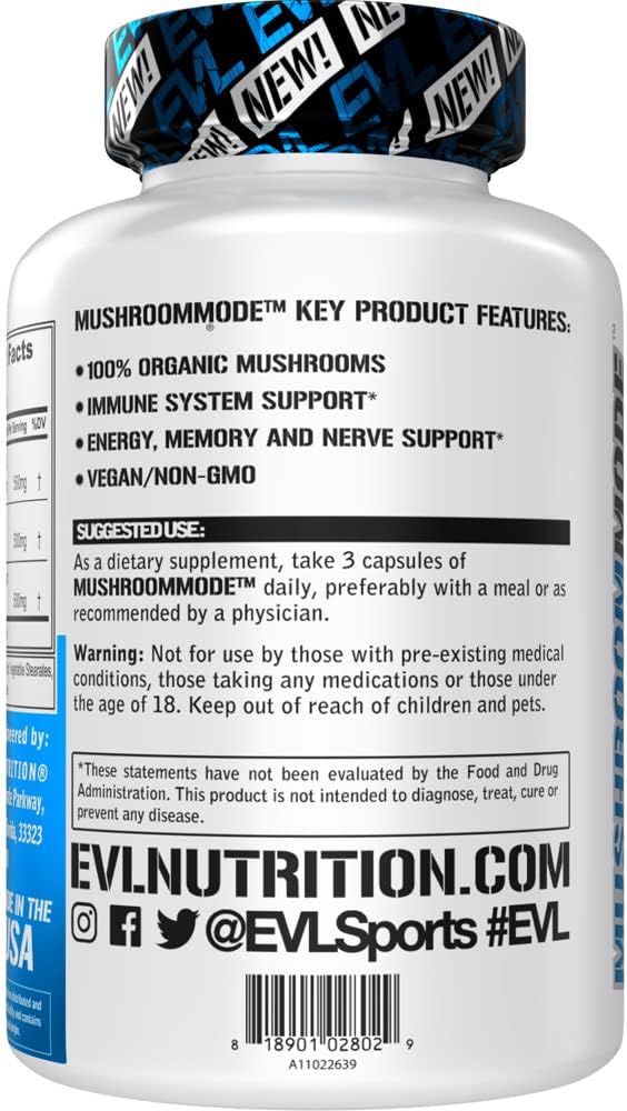 Evlution Vegan Organic Mushroom Supplement Capsules - Organic Lions Mane Mushroom Capsules with Cordyceps and Reishi Blend - Nootropics Brain Support Supplement for Focus and Energy - 30 Servings