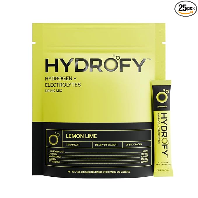 Hydrofy Hydrogen Water + Electrolytes Drink Mix | Superior Hydration Packets with Molecular Hydrogen (H2), Sodium, Potassium, Magnesium, Calcium, and Minerals | No Sugar | Lemon Lime | 25 ct