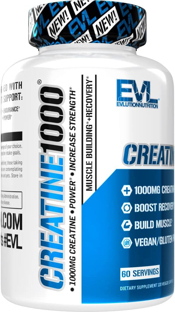 Evlution Pure Creatine Monohydrate Capsules 1000mg Nutrition Pre and Post Workout Recovery Vegan Creatine Pills for Gains and Muscle Recovery Supplement - Muscle Builder for Men