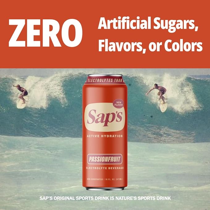 Sap’s Rapid Rehydration Sports Drink - 12 Cans, Passionfruit with Electrolytes and Adaptogens for Workouts, Wellness - ZERO Artificial Colors, Flavors, or Sugars