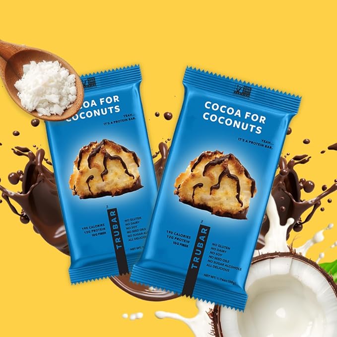 TRUBAR Vegan Protein Bar, Cocoa For Coconuts, Gluten Free, Plant Based Protein, Dairy Free, Non GMO, Soy Free, No Sugar Alcohols, 12G Protein, 12G Fiber, 23G Carb, On the Go Snack Bars, 8ct